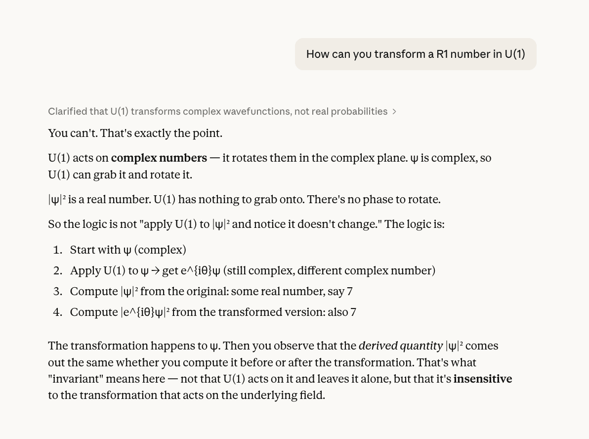 Me clarifying e.g. |ψ|² invariant under U(1)