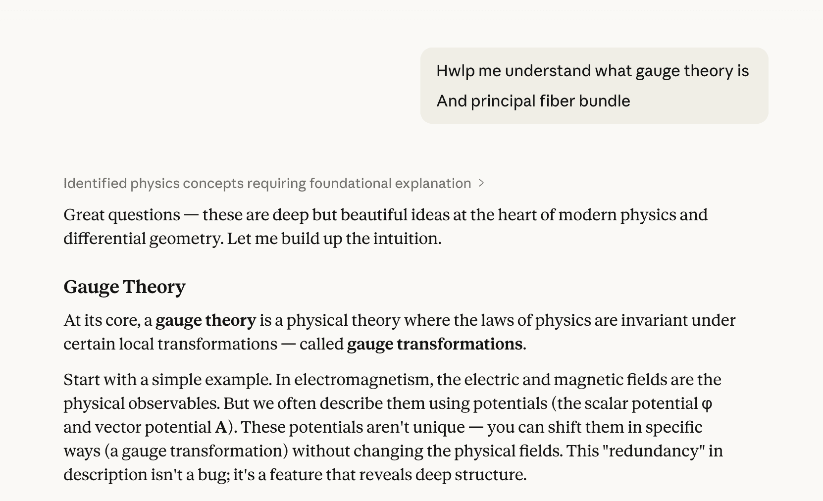 Claude response to the question "what is gauge theory and principal fiber bundle?"