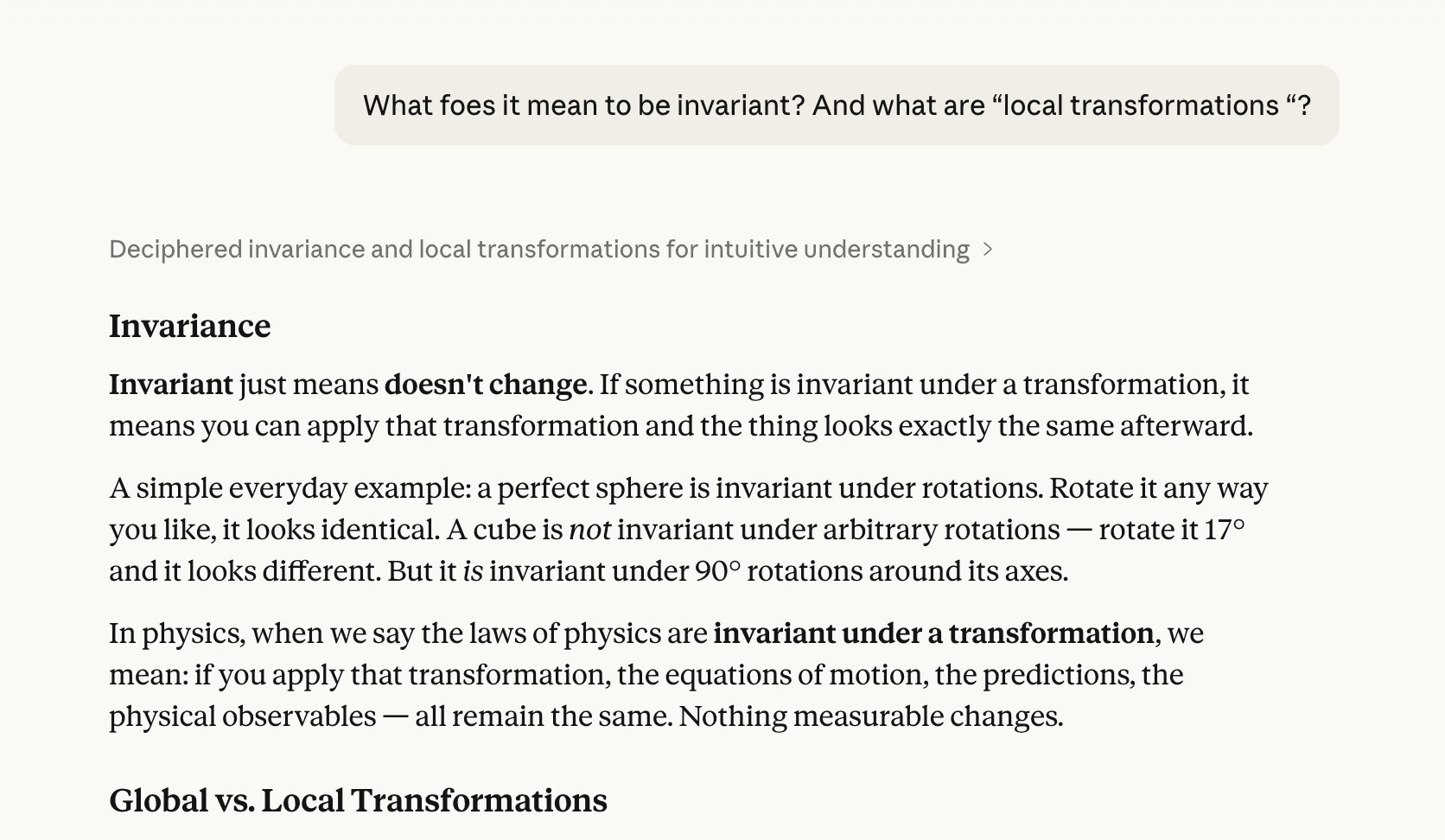 Claude response to the question "what is invariance?"